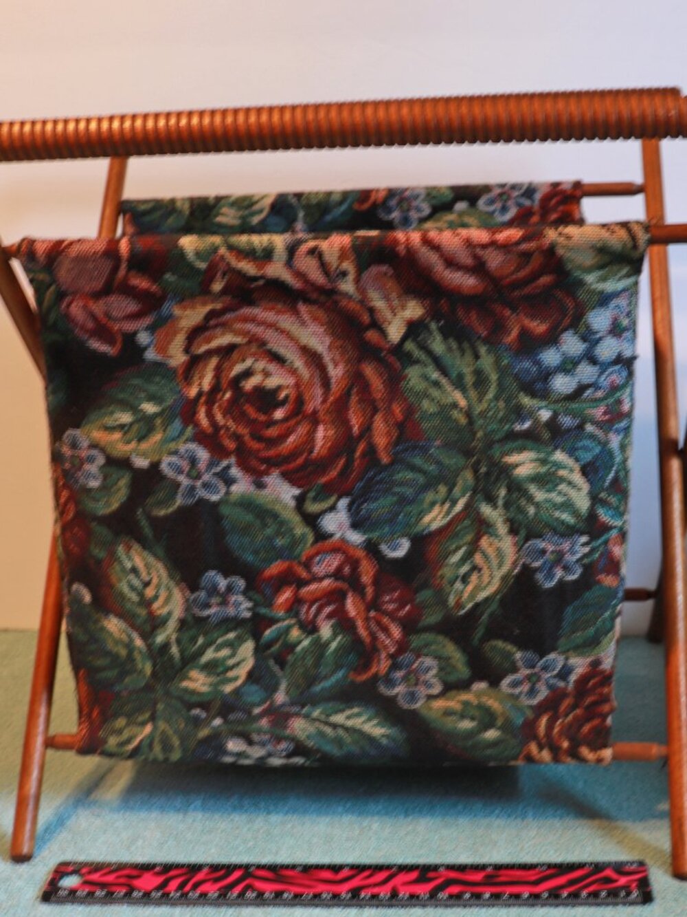 Vintage Tapestry Wooden Frame Folding Knitting Basket
